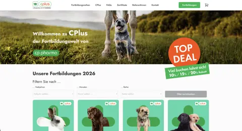 Screenshot der Startseite von cplus.vetworking.de — Webinar-Buchungsplattform
